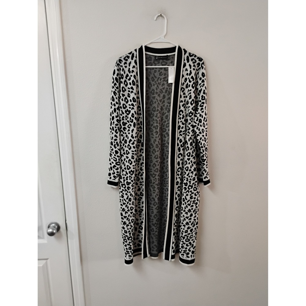 New York & Company Leopard Print Duster Cardigan Black White Large NWT